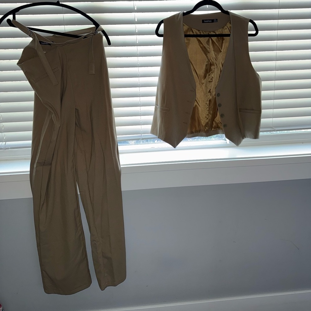 Boohoo Tan Jumpsuit and Vest Set